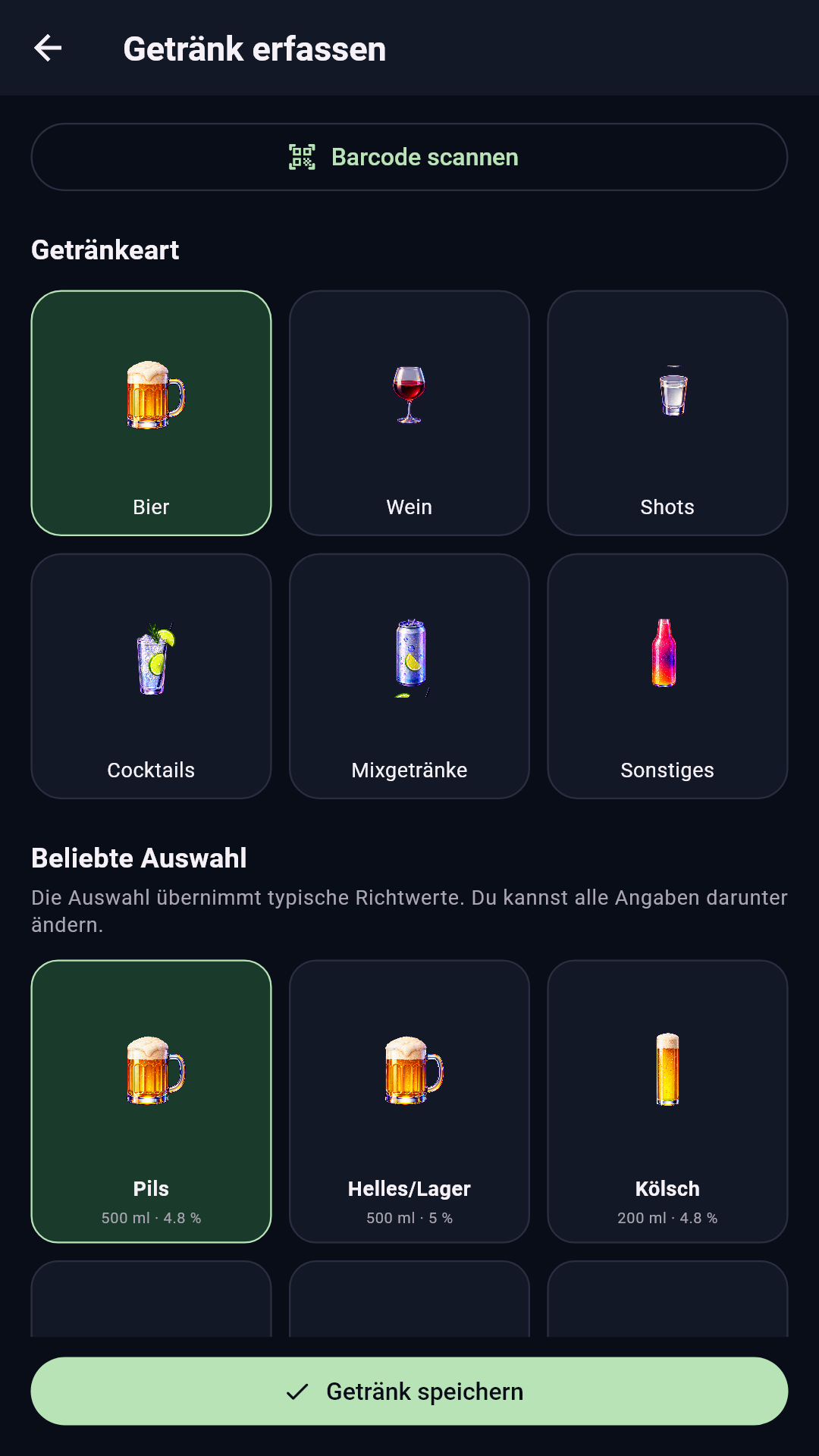 Getränkeauswahl mit Bier, Wein, weiteren Kategorien und anpassbaren Mengen
